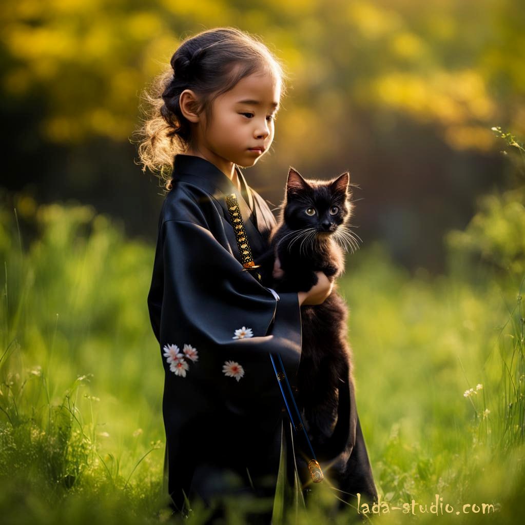 Photoshop. A girl with a katana and a cat.... lada-studio.com